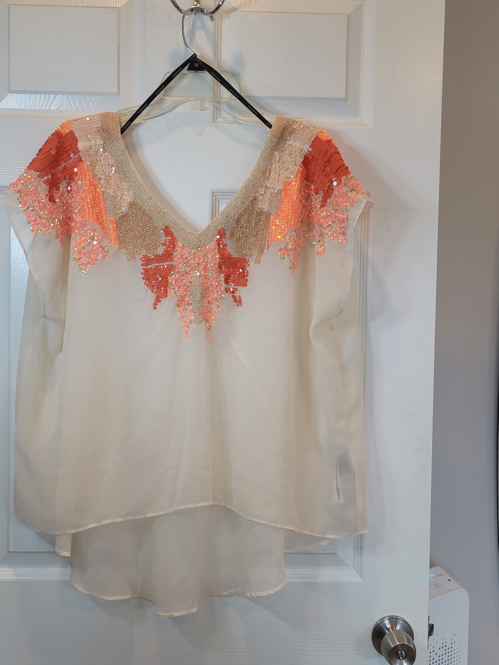 Marciano Sheer Embellished V-Neck Cream Flowy Top with Coral Sequin Shoulder